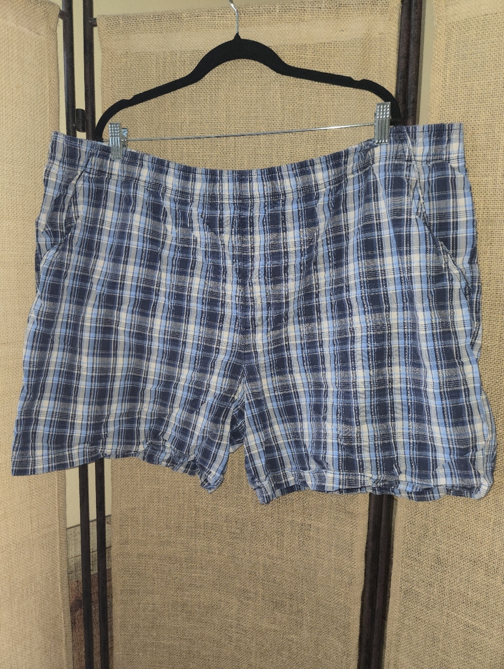 Men's Puritan Blue Plaid Casual Shorts Cotton Drawstring Size 2XL
